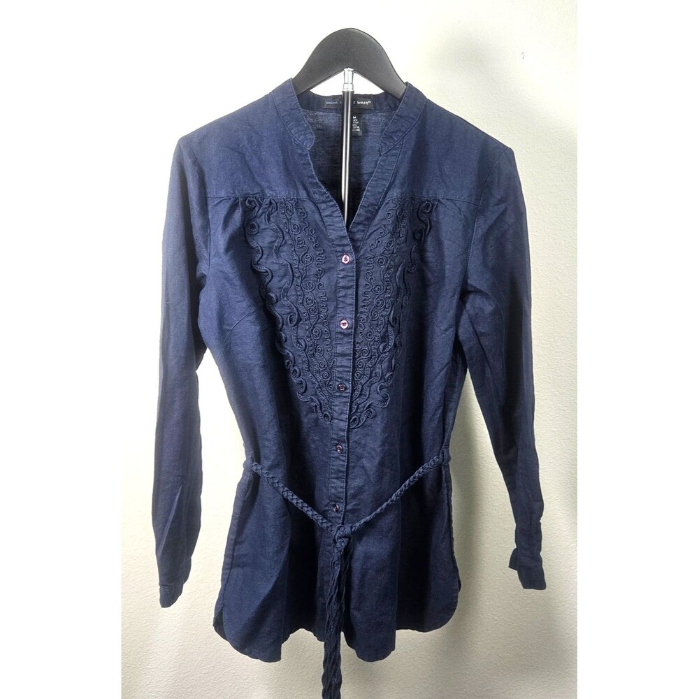 Saint Tropez West Womens Medium Blue Linen Blend Tunic Blouse Embroidered Boho‎